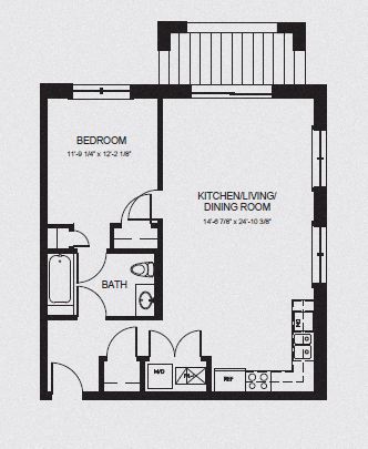 Floor plan for 1 bed, 1 bath, 713 sqft